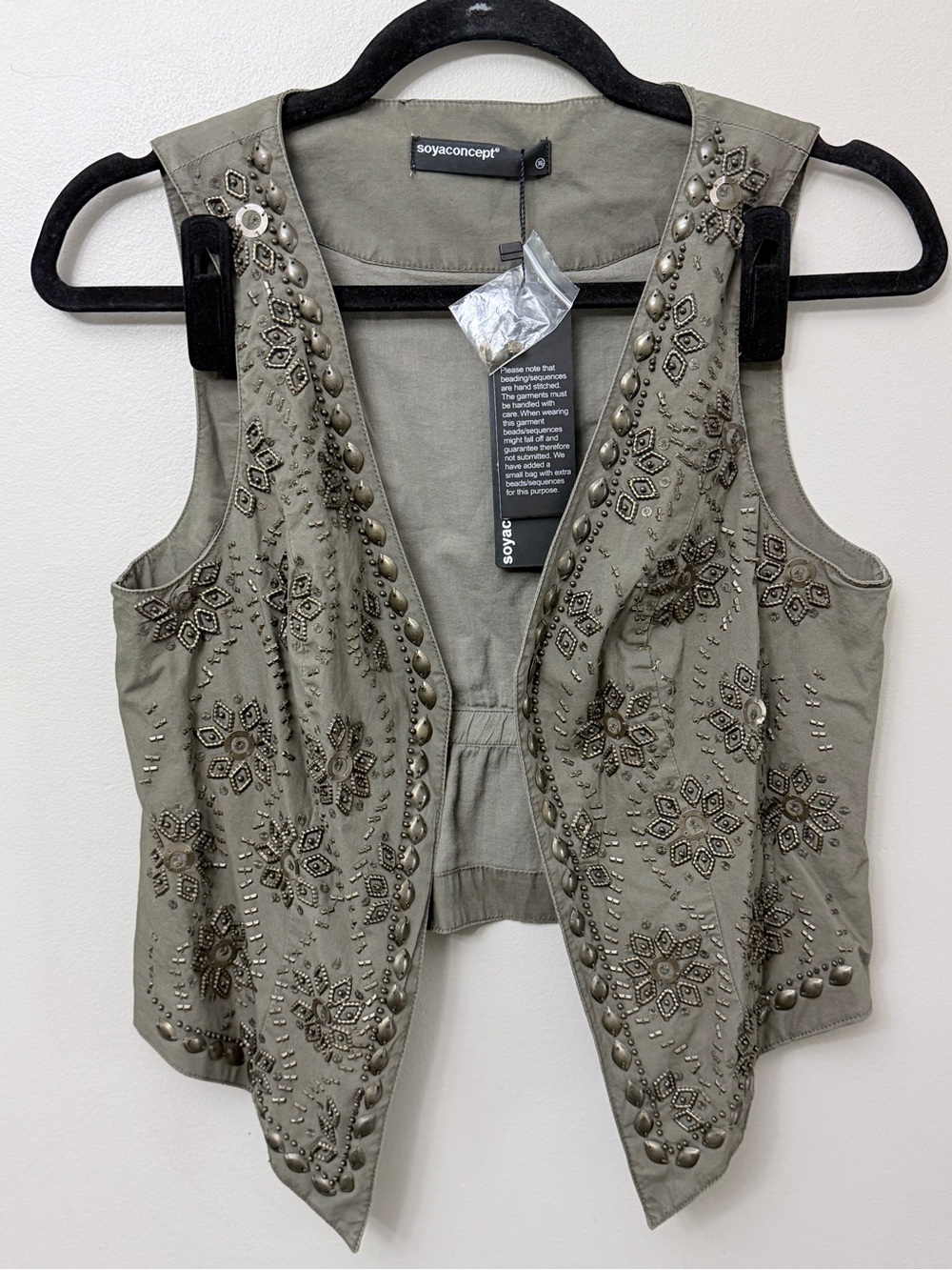 Soyaconcept Olive Green Beaded Floral Vest Boho Utility Cotton Waistcoat